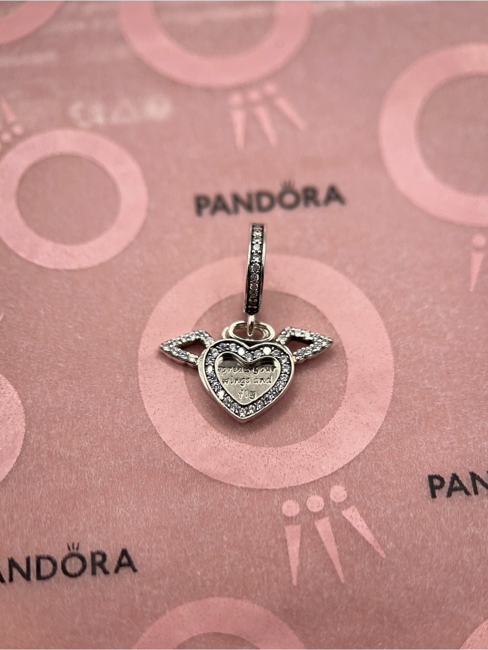 Pandora Silver Heart Wing Dangle Charm with Clear Stones